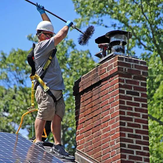 Roof technician sweeping beside a capped brick chimney