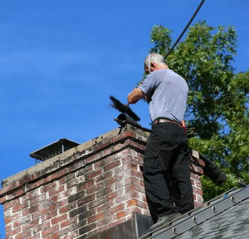 Technician sweeping the top of an older masonry chimney