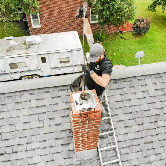 Technician cleaning a residential chimney from a secured roof ladder
