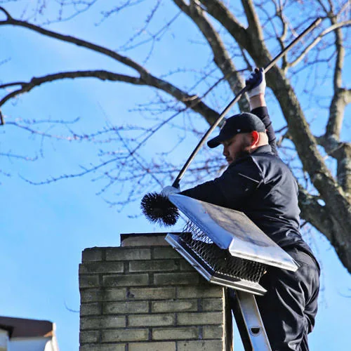 Chimney technician working beside a metal chimney cap