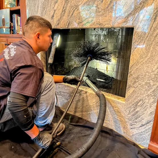 Technician brushing soot from the inside of a fireplace