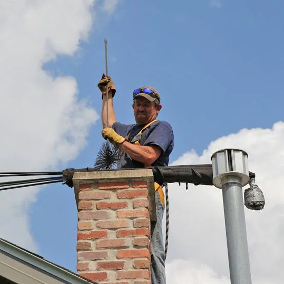 Technician assessing a chimney opening with a sweep rod